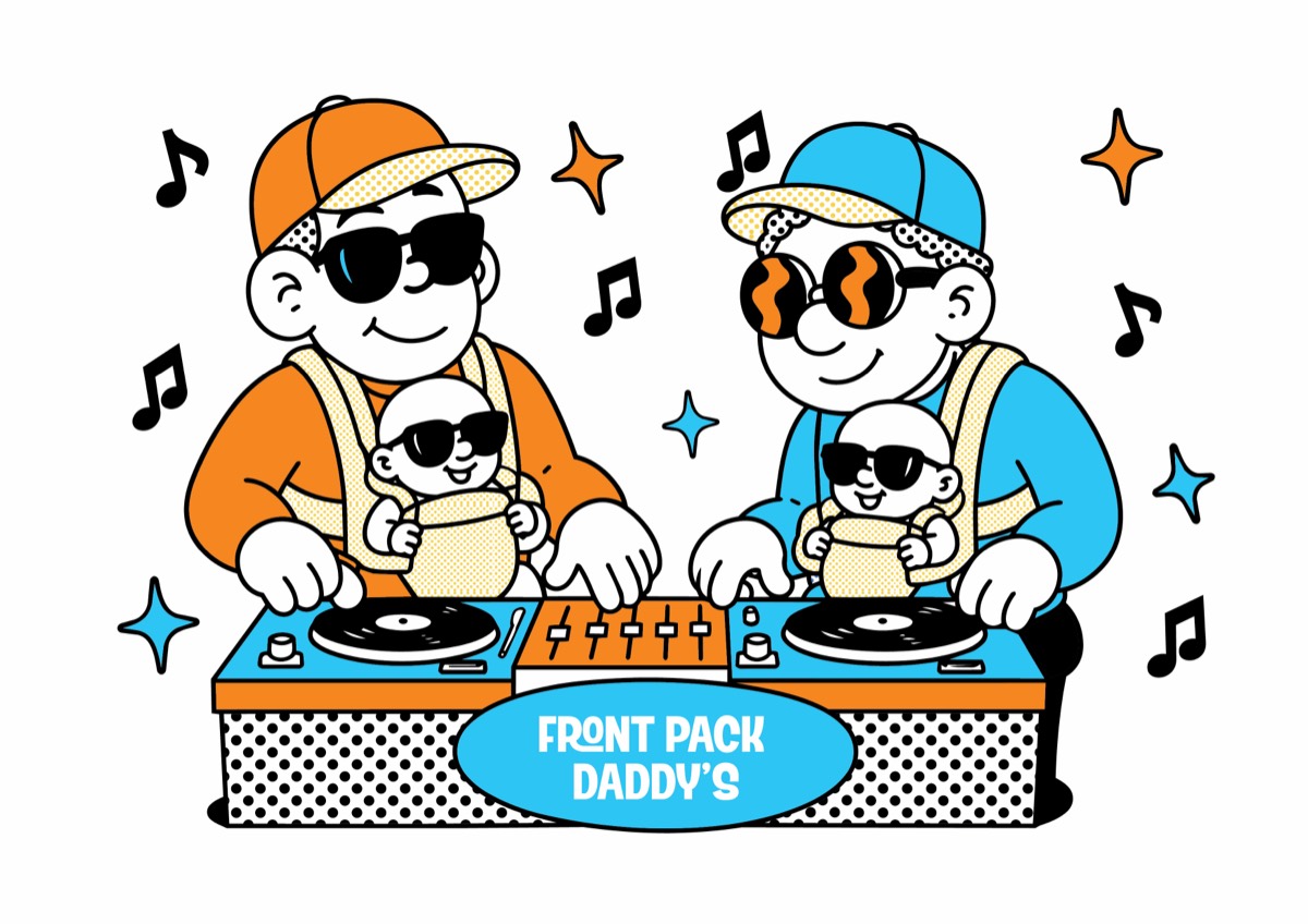 Two dads with babies in front-packs DJing at the decks – the Front Pack Daddys